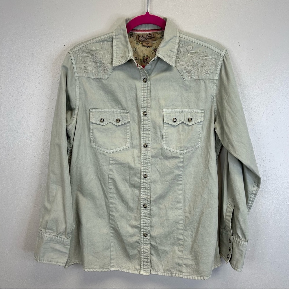 Madison Creek Western Style Embroidered Snap Button Shirt Womens M Light Green
